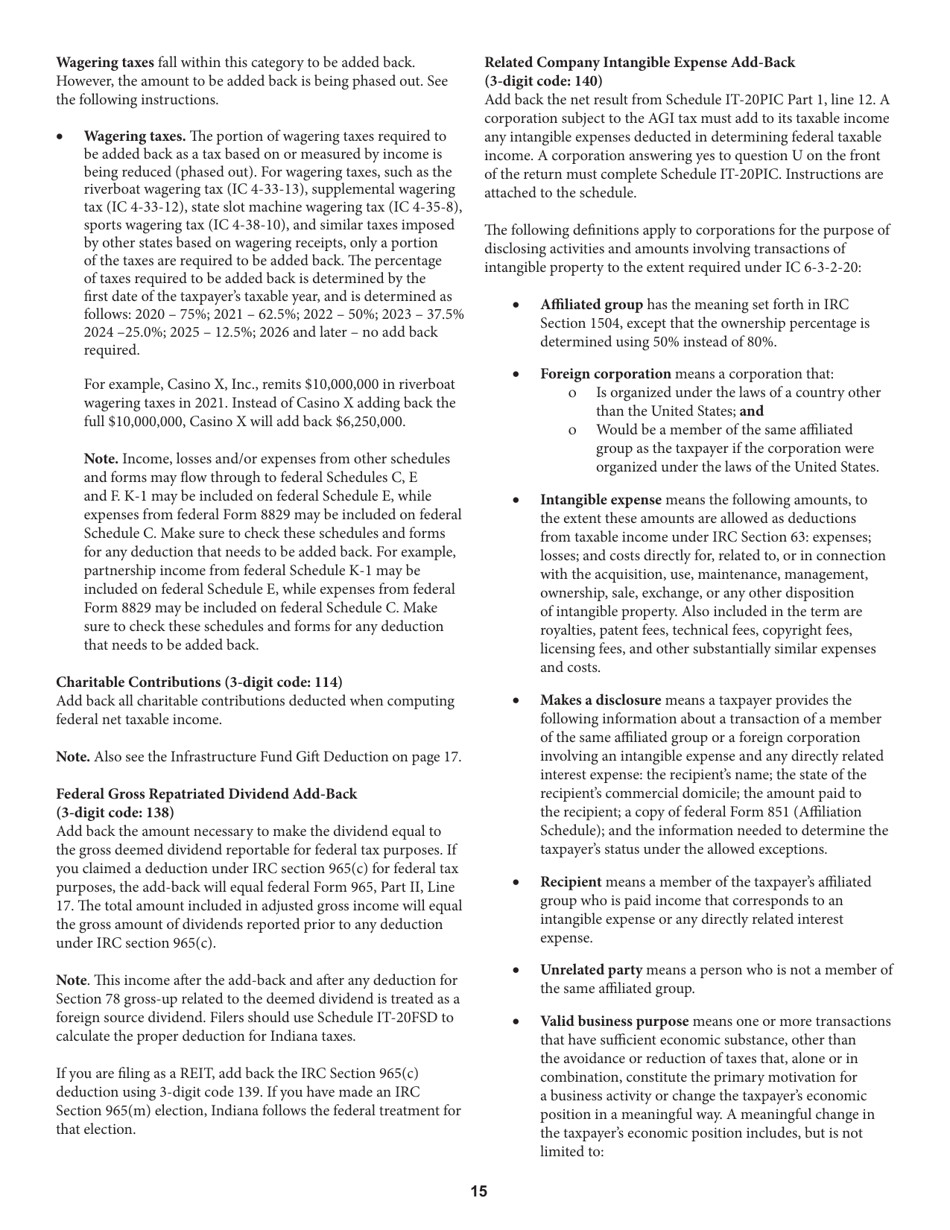 Instructions for Form IT-20, State Form 44275 Indiana Corporate Adjusted Gross Income Tax Return - Indiana, Page 15