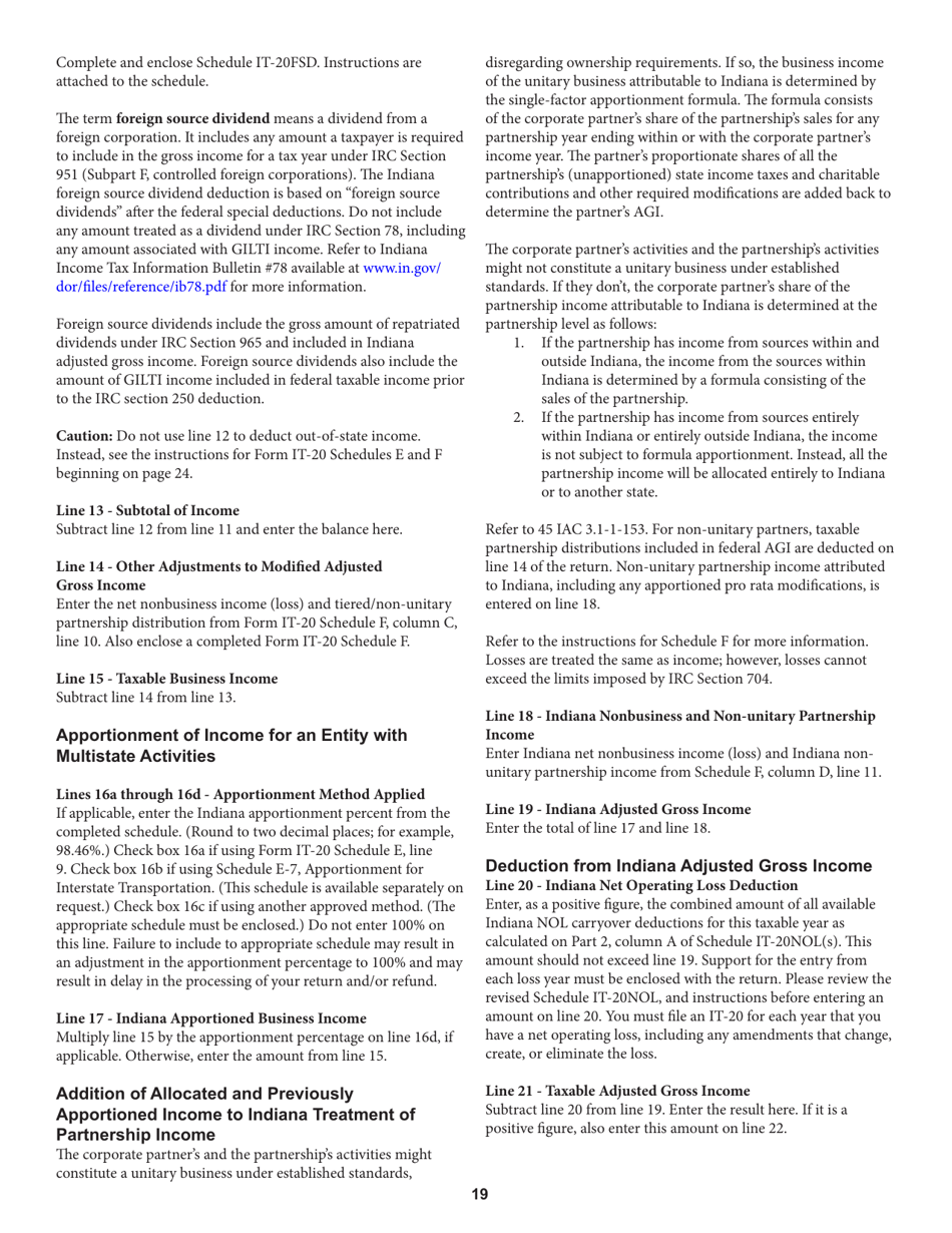 Instructions for Form IT-20, State Form 44275 Indiana Corporate Adjusted Gross Income Tax Return - Indiana, Page 19