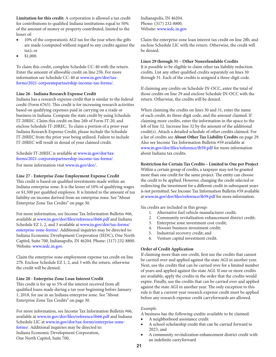 Instructions for Form IT-20, State Form 44275 Indiana Corporate Adjusted Gross Income Tax Return - Indiana, Page 21