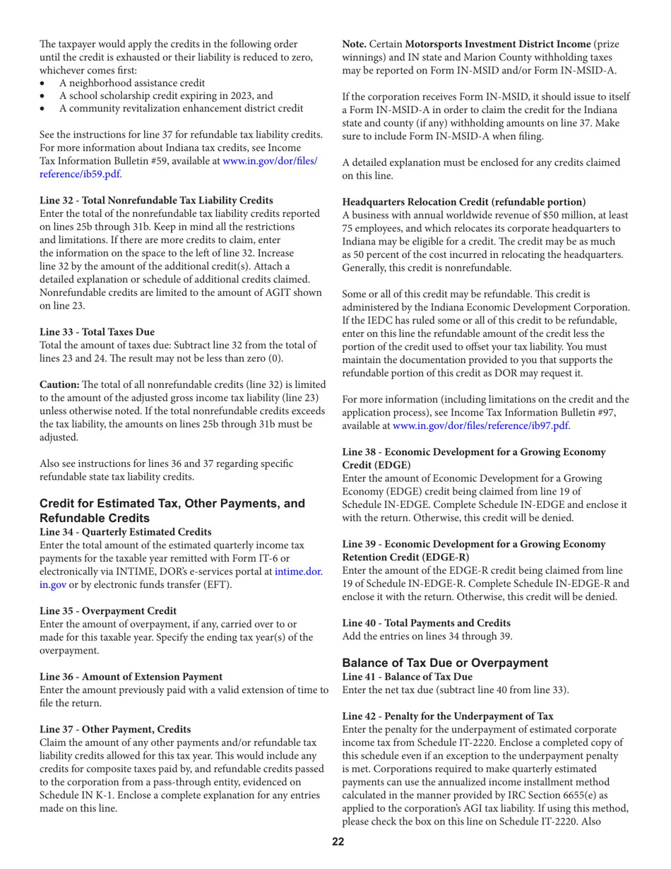 Instructions for Form IT-20, State Form 44275 Indiana Corporate Adjusted Gross Income Tax Return - Indiana, Page 22