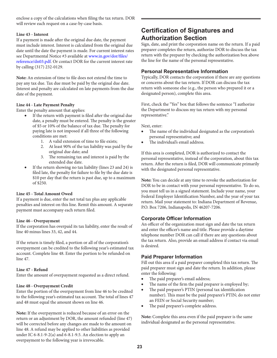 Instructions for Form IT-20, State Form 44275 Indiana Corporate Adjusted Gross Income Tax Return - Indiana, Page 23