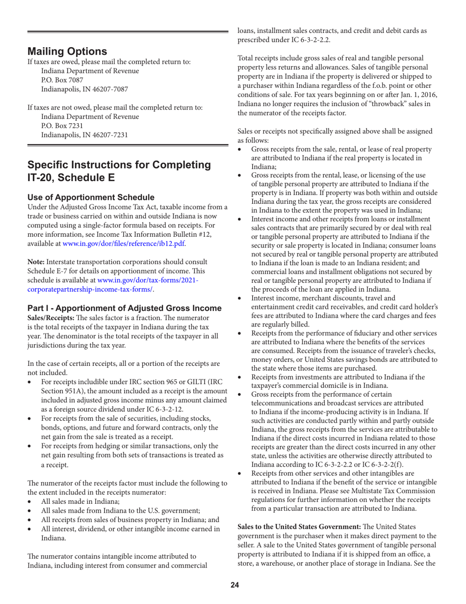 Instructions for Form IT-20, State Form 44275 Indiana Corporate Adjusted Gross Income Tax Return - Indiana, Page 24