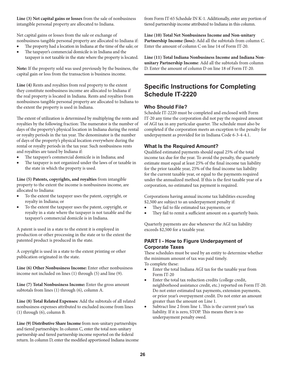 Instructions for Form IT-20, State Form 44275 Indiana Corporate Adjusted Gross Income Tax Return - Indiana, Page 26