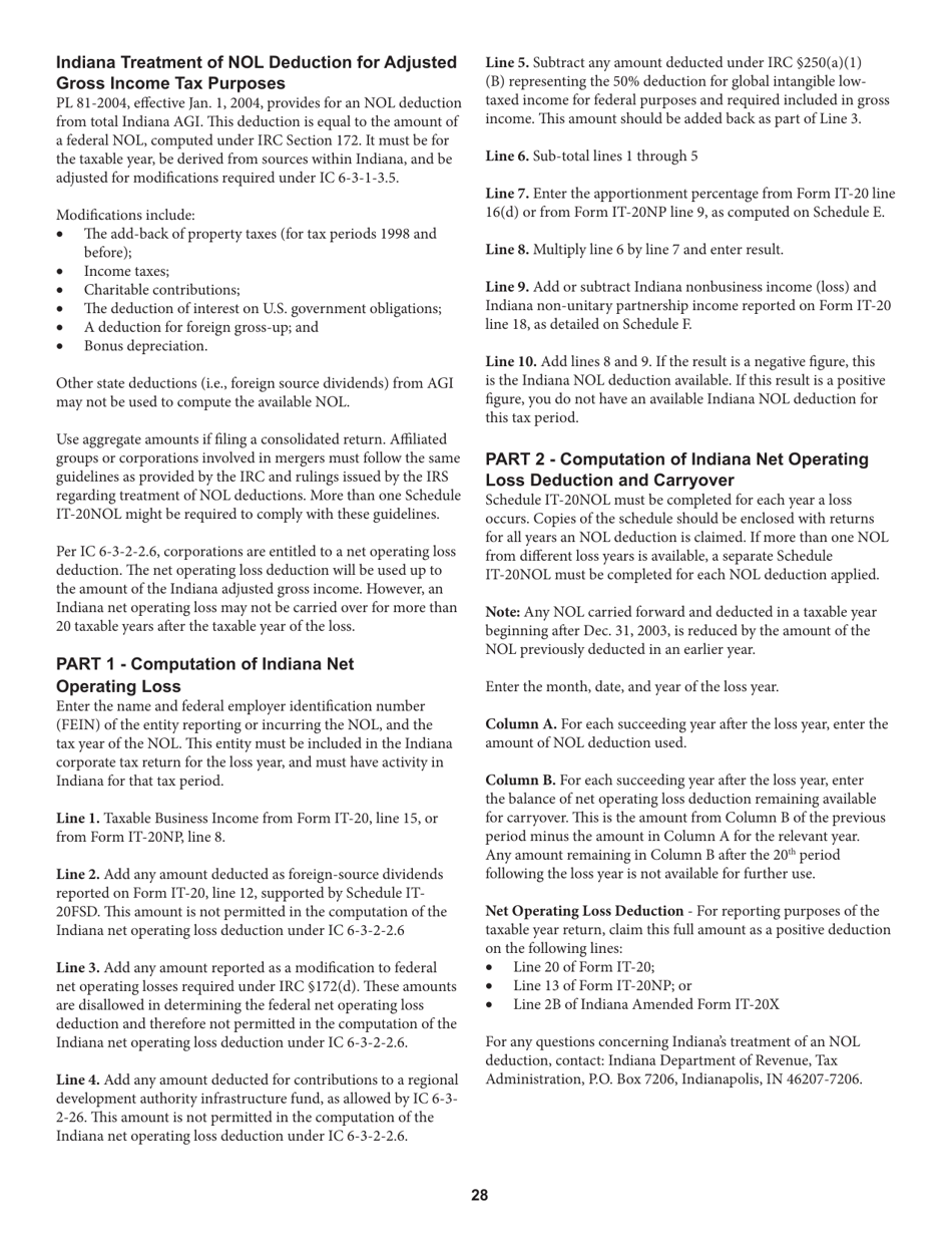 Instructions for Form IT-20, State Form 44275 Indiana Corporate Adjusted Gross Income Tax Return - Indiana, Page 28