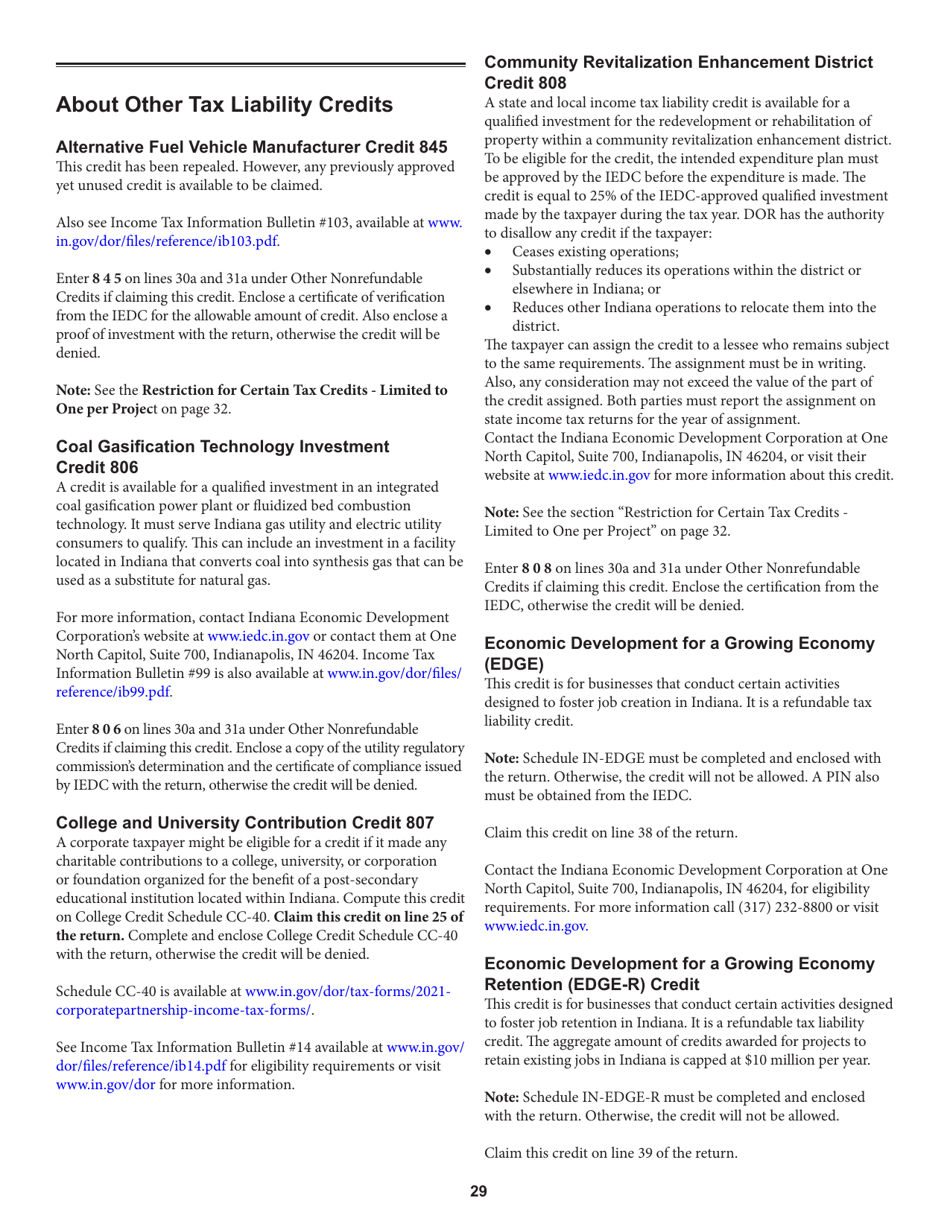 Instructions for Form IT-20, State Form 44275 Indiana Corporate Adjusted Gross Income Tax Return - Indiana, Page 29