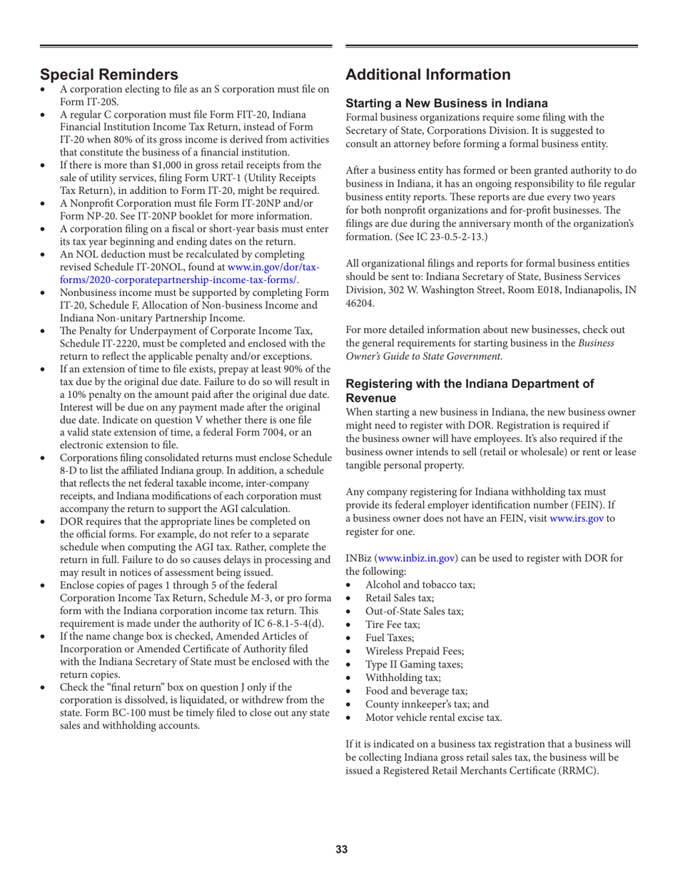 Instructions for Form IT-20, State Form 44275 Indiana Corporate Adjusted Gross Income Tax Return - Indiana, Page 33