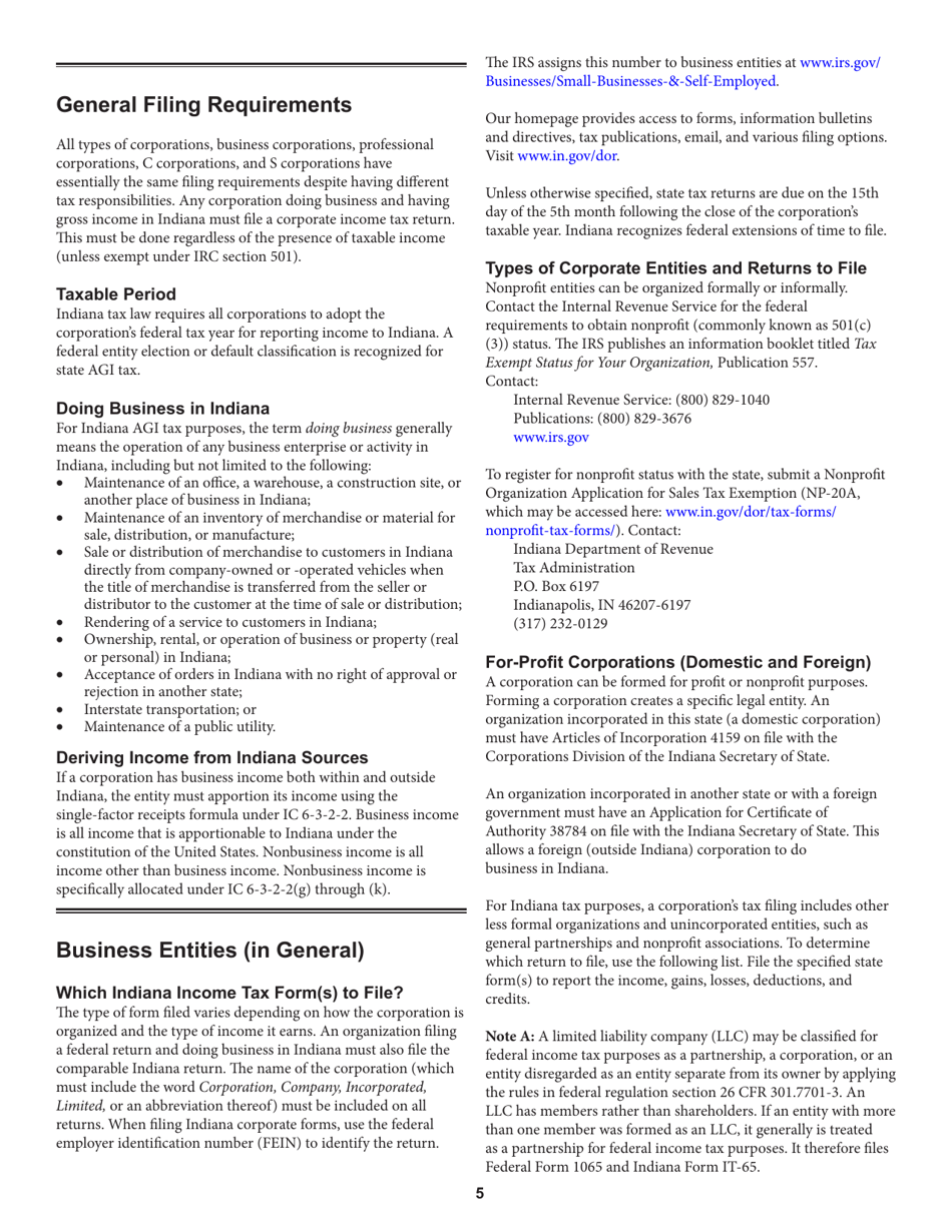 Instructions for Form IT-20, State Form 44275 Indiana Corporate Adjusted Gross Income Tax Return - Indiana, Page 5