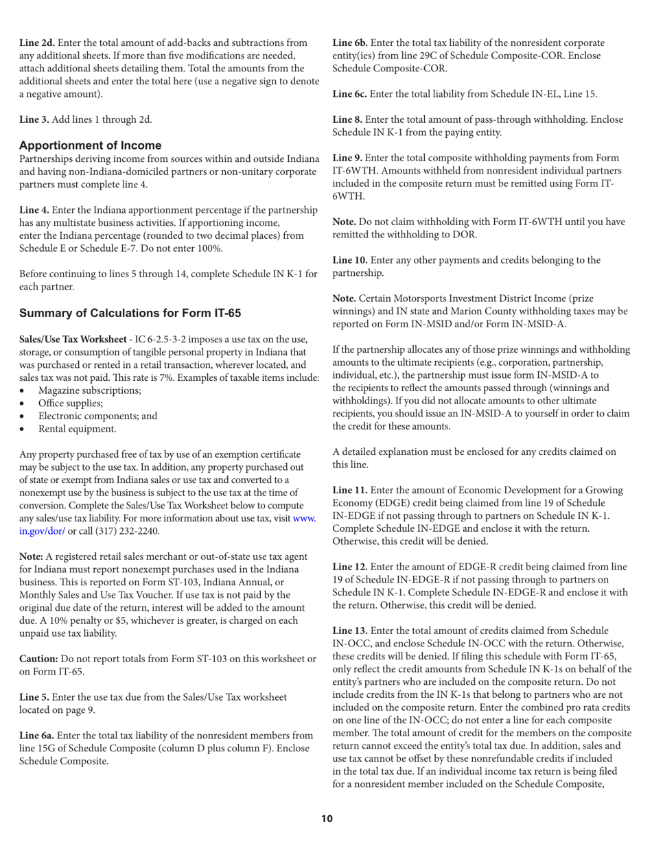 Instructions for Form IT-65, State Form 11800 Indiana Partnership Return - Indiana, Page 10