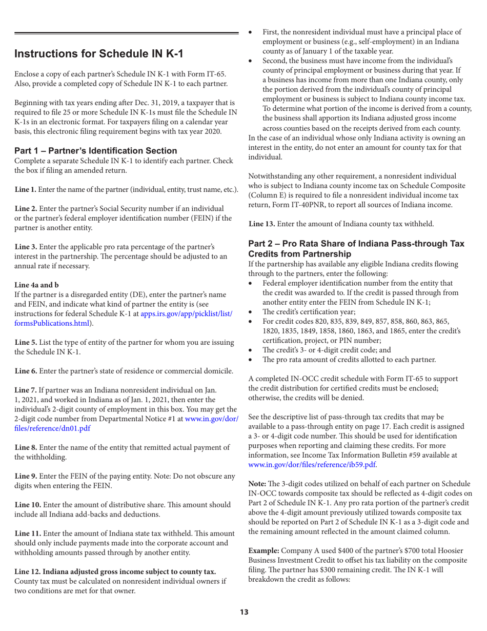 Instructions for Form IT-65, State Form 11800 Indiana Partnership Return - Indiana, Page 13