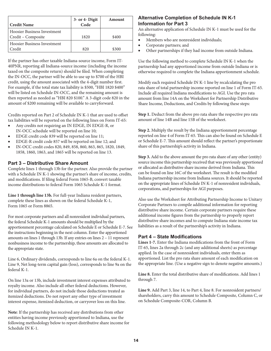 Instructions for Form IT-65, State Form 11800 Indiana Partnership Return - Indiana, Page 14