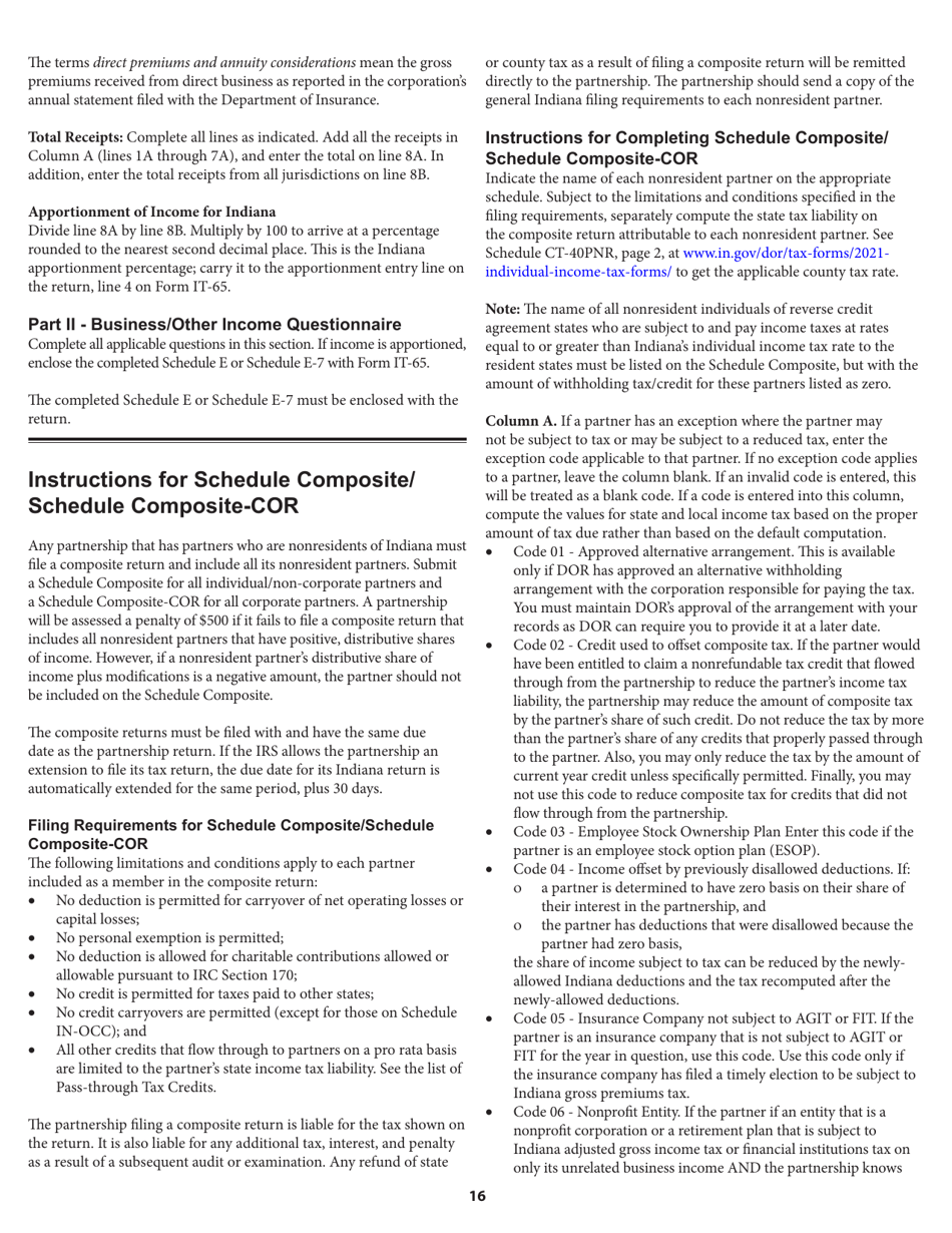 Instructions for Form IT-65, State Form 11800 Indiana Partnership Return - Indiana, Page 16