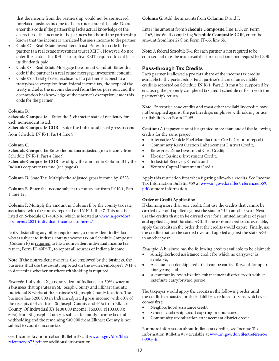 Instructions for Form IT-65, State Form 11800 Indiana Partnership Return - Indiana, Page 17