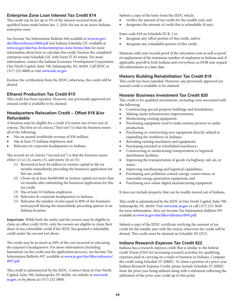 Instructions for Form IT-65, State Form 11800 Indiana Partnership Return - Indiana, Page 19
