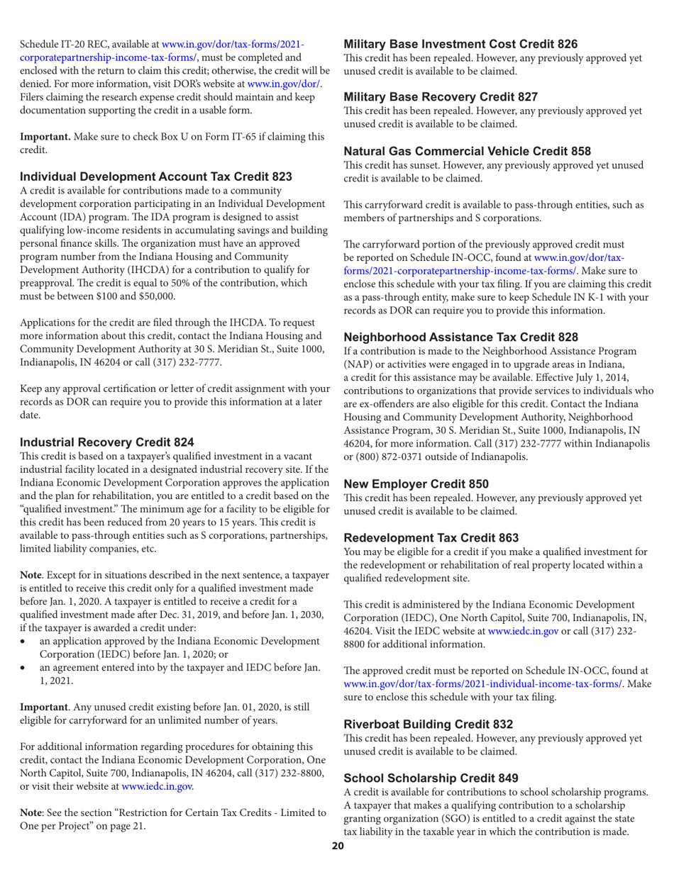 Instructions for Form IT-65, State Form 11800 Indiana Partnership Return - Indiana, Page 20