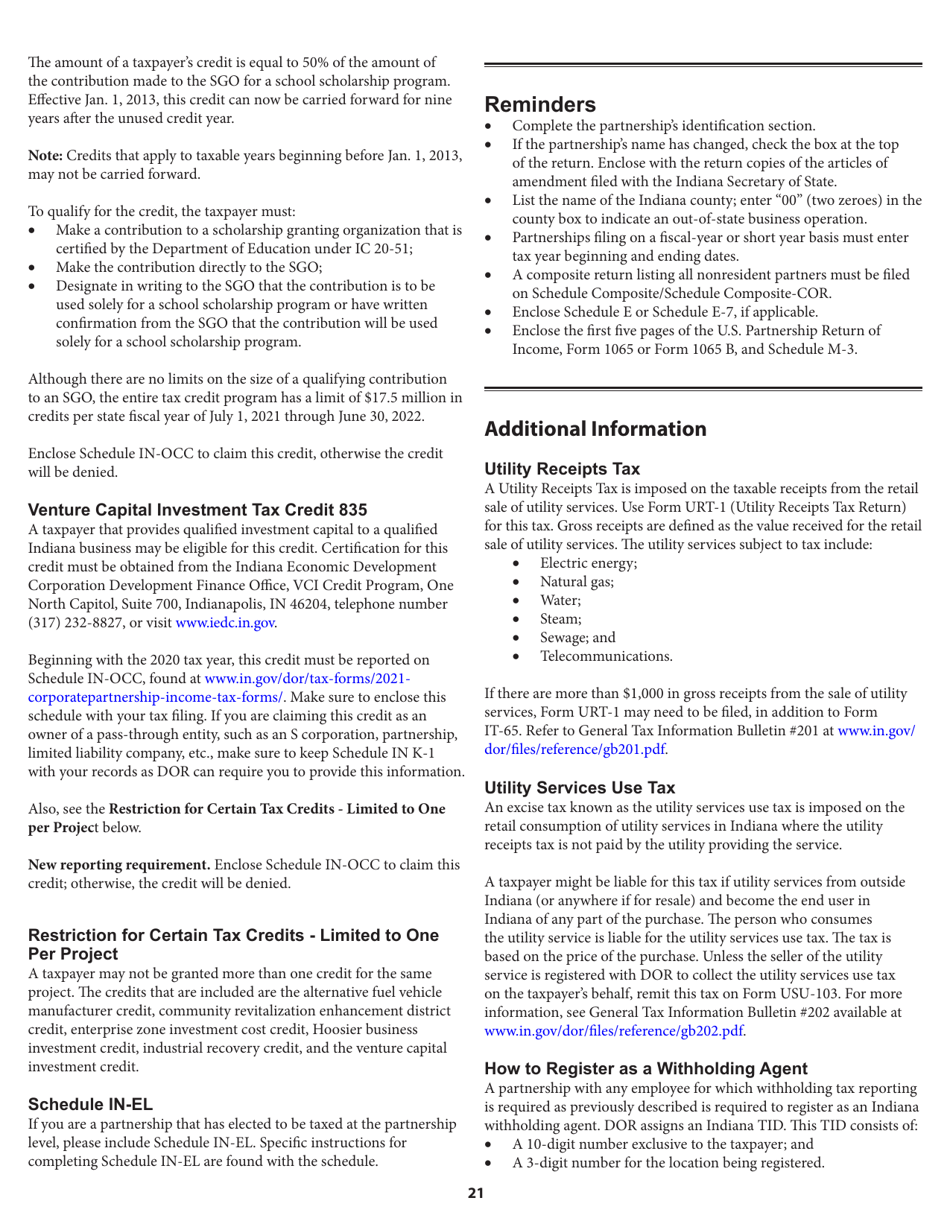 Instructions for Form IT-65, State Form 11800 Indiana Partnership Return - Indiana, Page 21