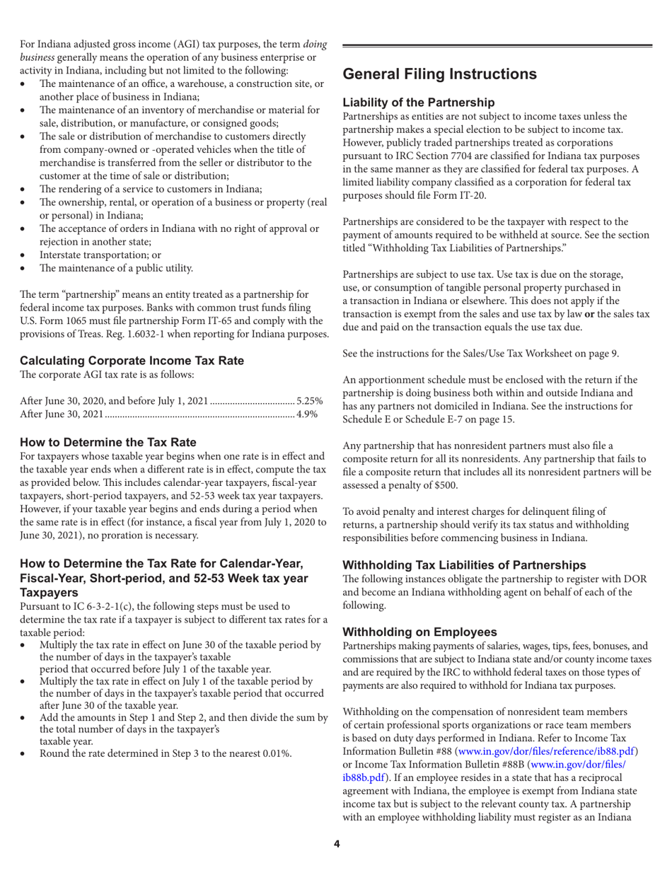 Instructions for Form IT-65, State Form 11800 Indiana Partnership Return - Indiana, Page 4