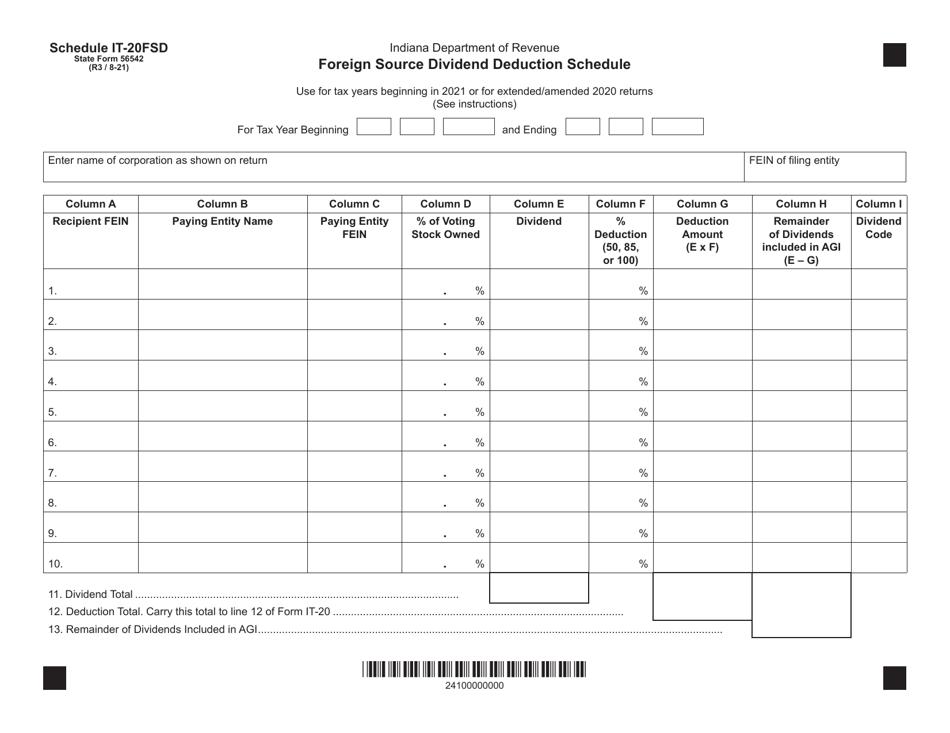State Form 56542 Schedule IT-20FSD Foreign Source Dividend Deduction Schedule - Indiana, Page 1