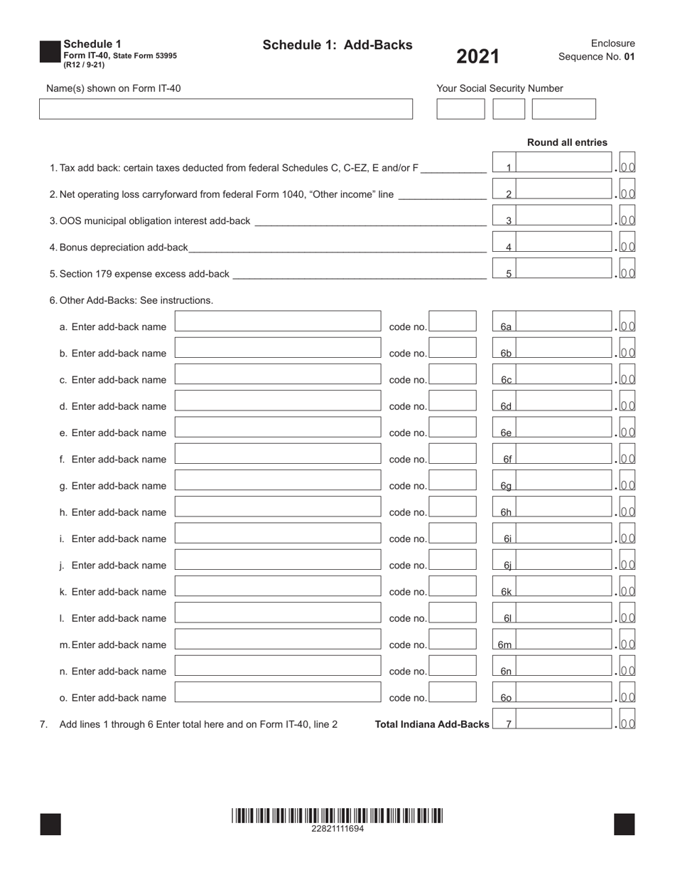 Form IT-40 (State Form 53995) Schedule 1 Add-Backs - Indiana, Page 1