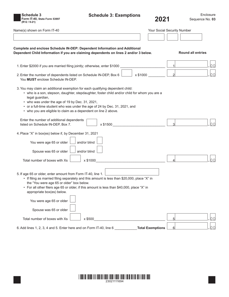 Form IT-40 (State Form 53997) Schedule 3 Exemptions - Indiana, Page 1