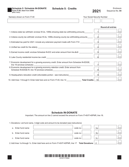 Form IT-40 (State Form 53998) Schedule 5, IN-DONATE 2021 Printable Pdf