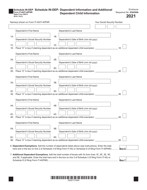 Form IT-40 (IT-40PNR; State Form 54815) Addendum IN-DEP 2021 Printable Pdf