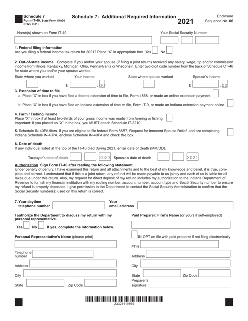 Form IT-40 (State Form 54000) 2021 Printable Pdf