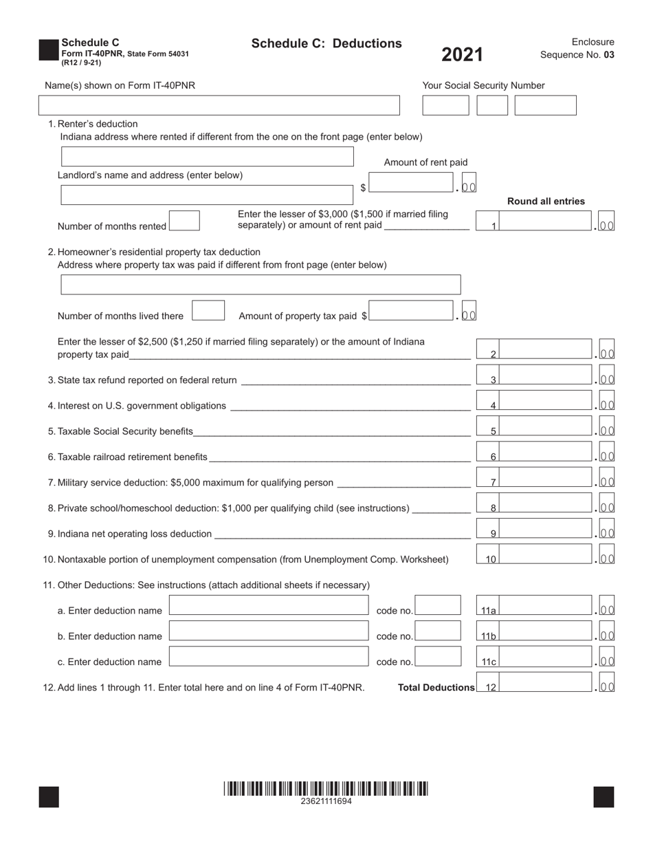 Form IT-40PNR (State Form 54031) Schedule C Deductions - Indiana, Page 1