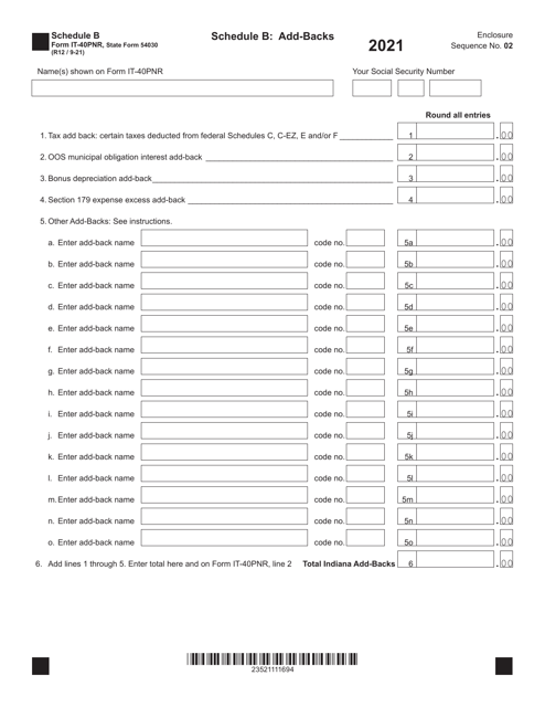 Form IT-40PNR (State Form 54030) Schedule B 2021 Printable Pdf