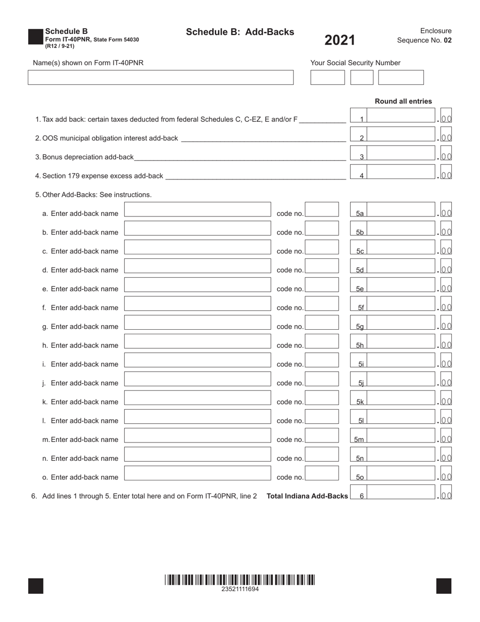 Form IT-40PNR (State Form 54030) Schedule B Add-Backs - Indiana, Page 1