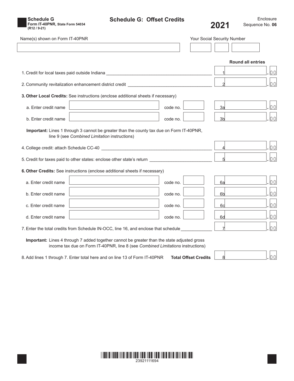 Form IT-40PNR (State Form 54034) Schedule G Offset Credits - Indiana, Page 1