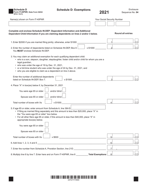 Form IT-40PNR (State Form 54032) Schedule D 2021 Printable Pdf