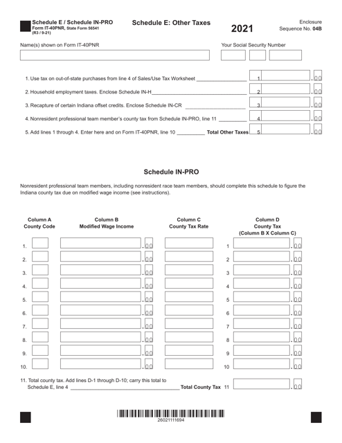 Form IT-40PNR (State Form 56541) Schedule E, IN-PRO 2021 Printable Pdf