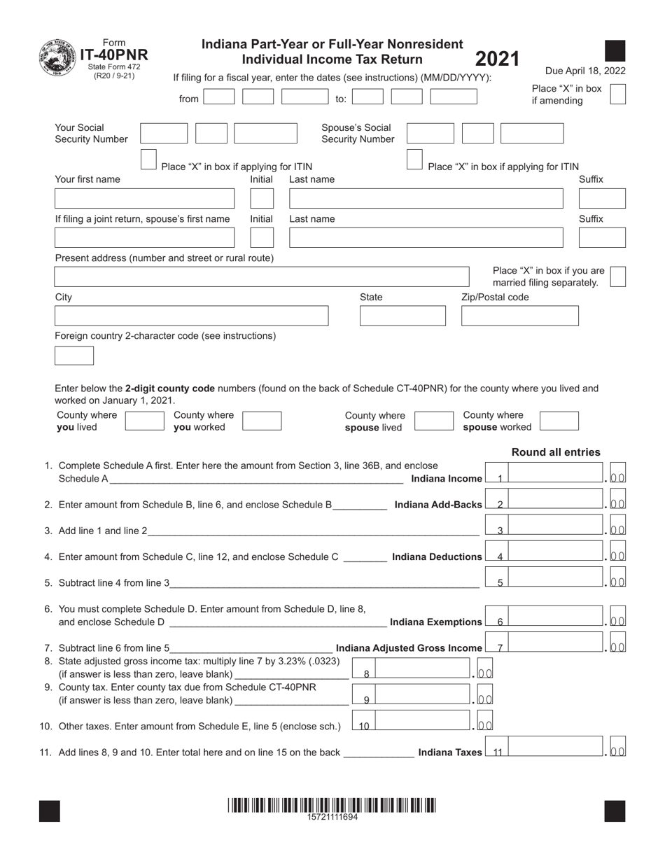 Form IT-40PNR (State Form 472) Indiana Part-Year or Full-Year Nonresident Individual Income Tax Return - Indiana, Page 1