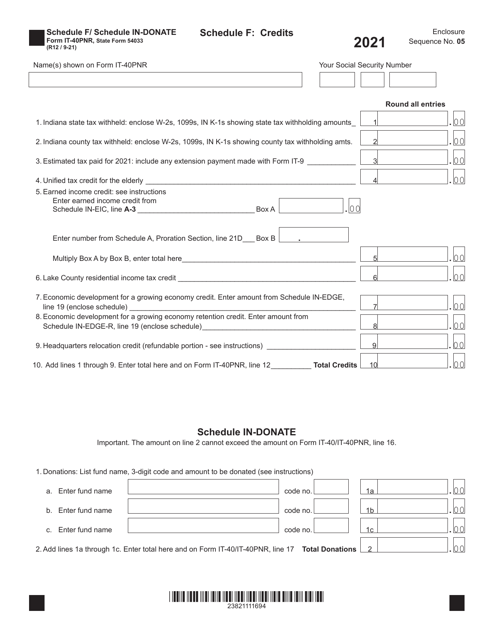 Form IT-40PNR (State Form 54033) Schedule F, IN-DONATE 2021 Printable Pdf