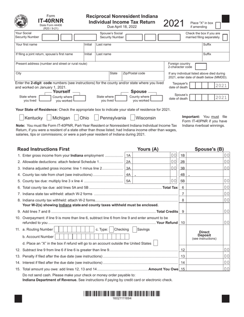 Form IT-40RNR (State Form 44406) 2021 Printable Pdf