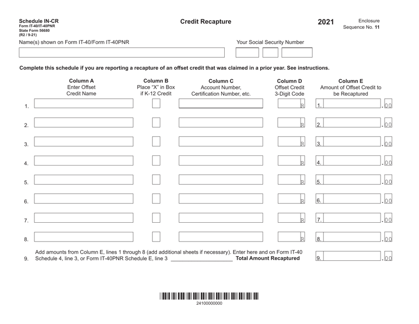 Form IT-40 (IT-40PNR; State Form 56680) Schedule IN-CR 2021 Printable Pdf