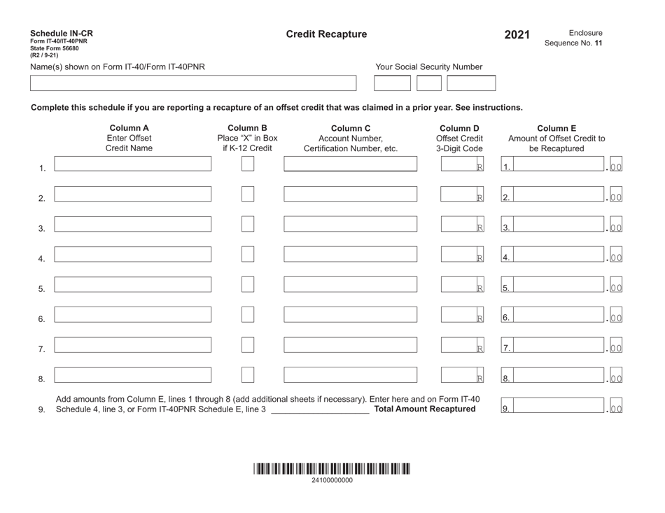 Form IT-40 (IT-40PNR; State Form 56680) Schedule IN-CR Credit Recapture - Indiana, Page 1