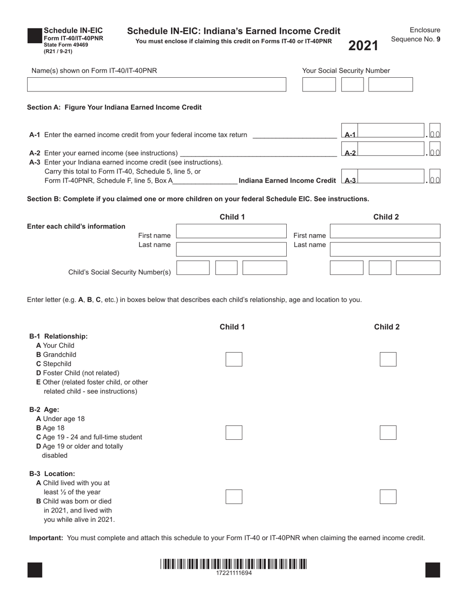 Form IT-40 (IT-40PNR; State Form 49469) Schedule IN-EIC Indianas Earned Income Credit - Indiana, Page 1