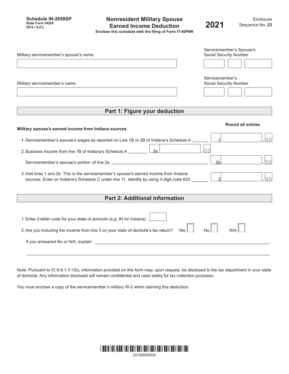 State Form 54259 Schedule IN-2058SP Nonresident Military Spouse Earned Income Deduction - Indiana, Page 1