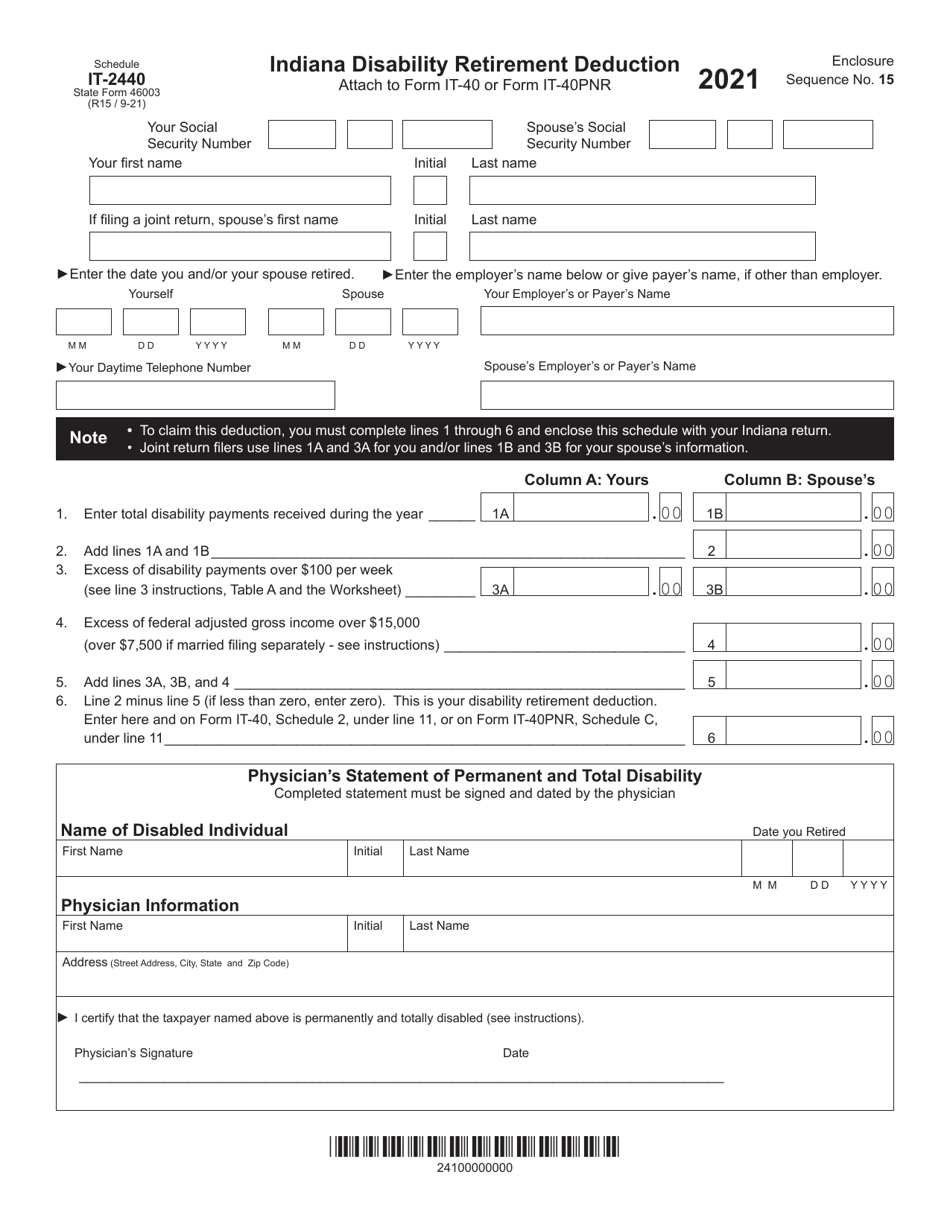 State Form 46003 Schedule IT-2440 Indiana Disability Retirement Deduction - Indiana, Page 1