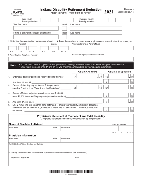 State Form 46003 Schedule IT-2440 2021 Printable Pdf