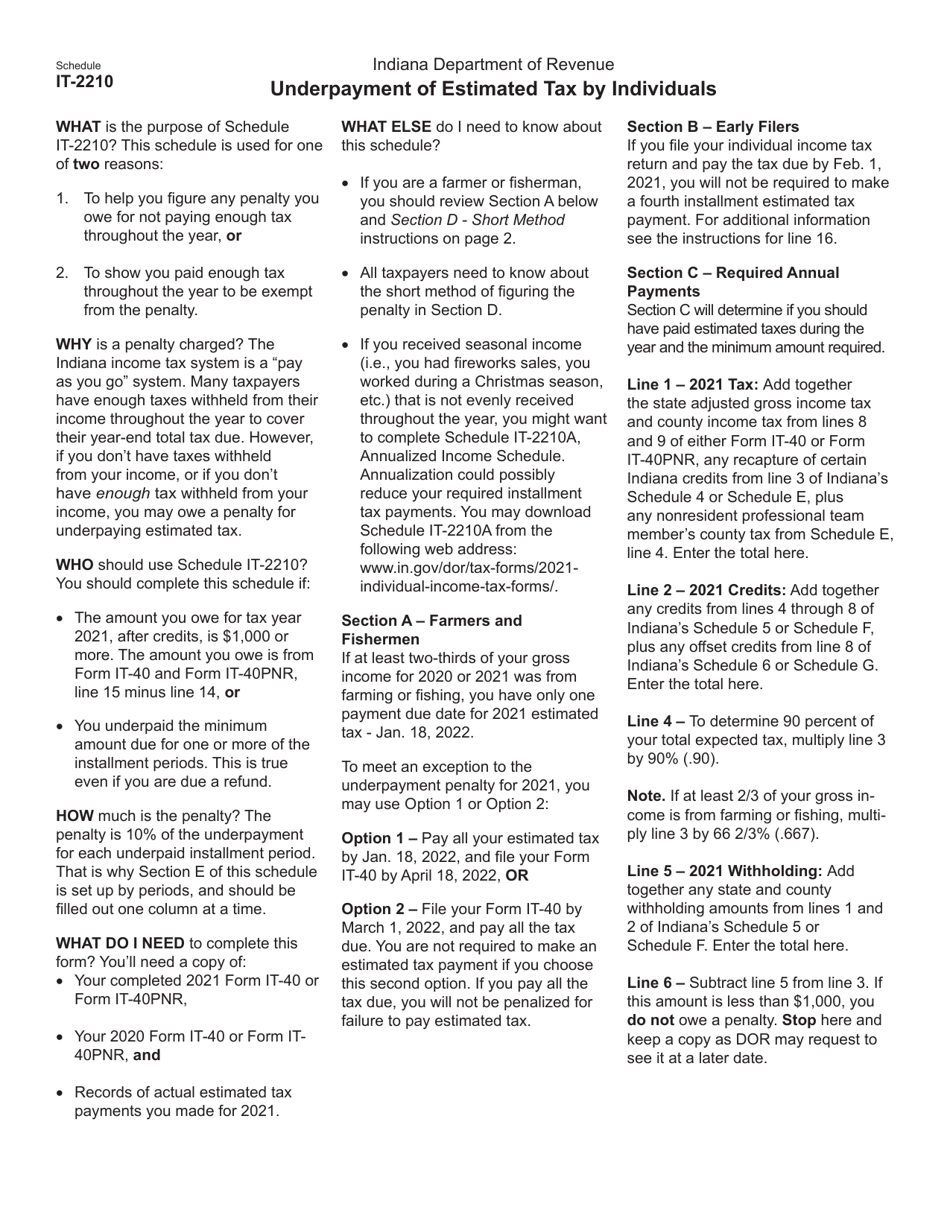 State Form 46002 Schedule IT-2210 Underpayment of Estimated Tax by Individuals - Indiana, Page 2