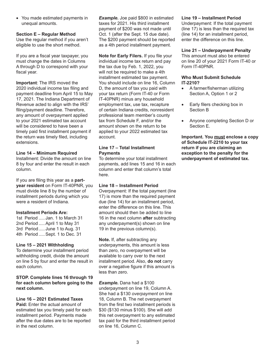 State Form 46002 Schedule IT-2210 Underpayment of Estimated Tax by Individuals - Indiana, Page 4
