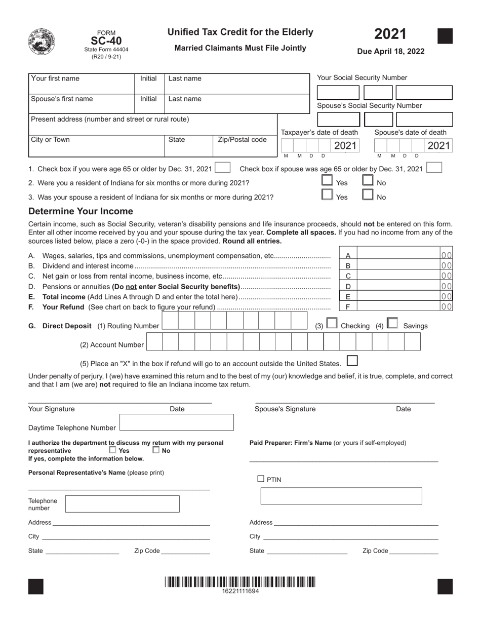 Form SC-40 (State Form 44404) Unified Tax Credit for the Elderly - Indiana, Page 1