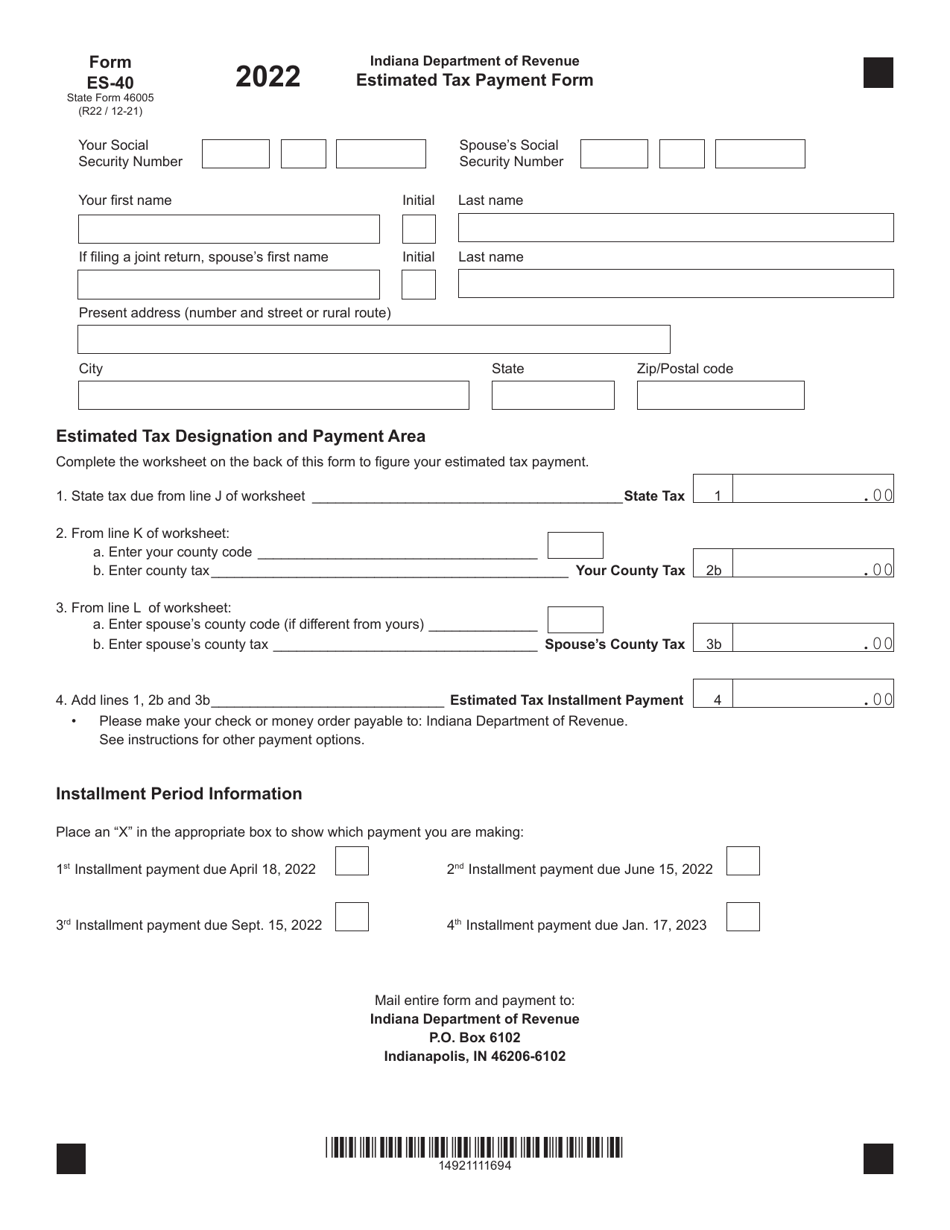 Form ES-40 (State Form 46005) Estimated Tax Payment Form - Indiana, Page 1