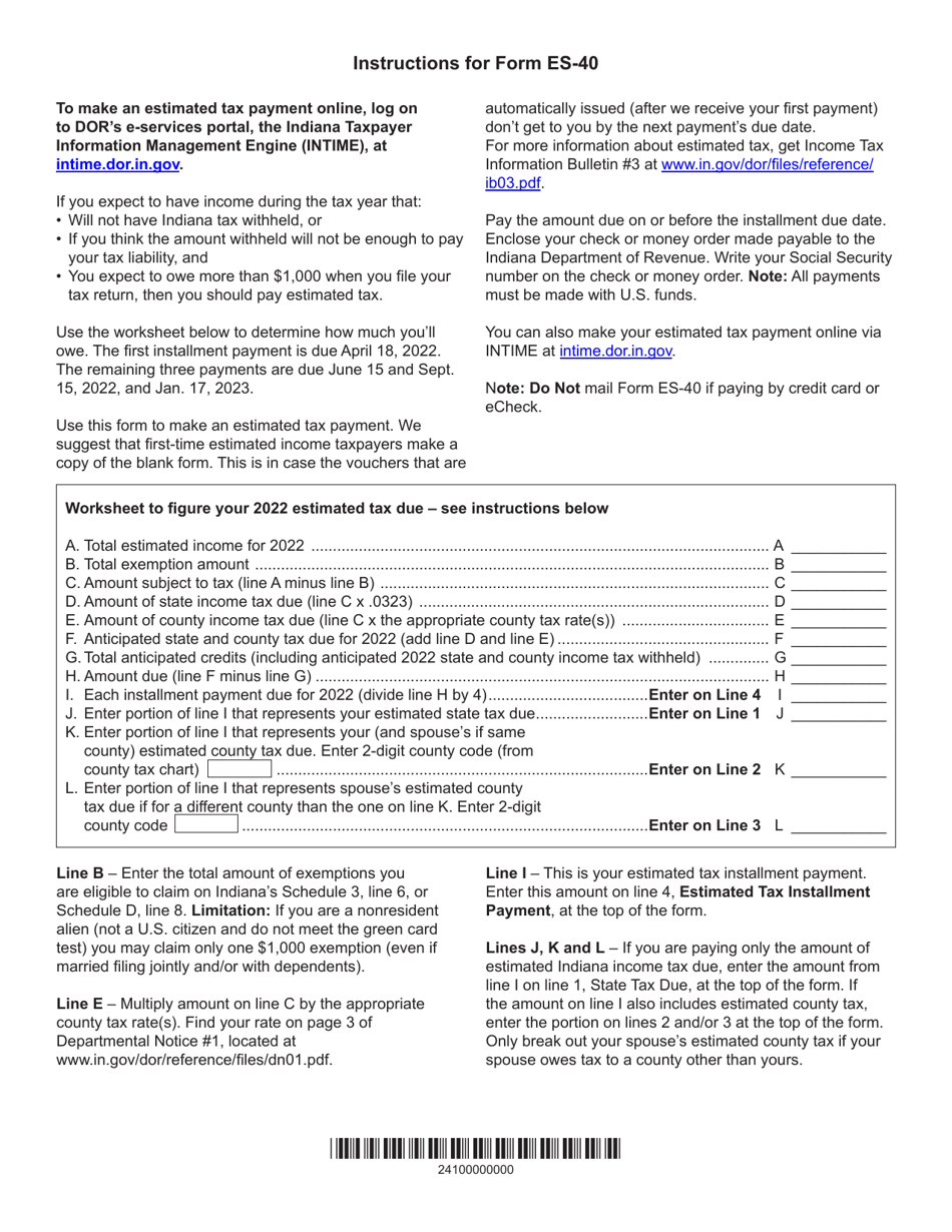 Form ES-40 (State Form 46005) Estimated Tax Payment Form - Indiana, Page 2
