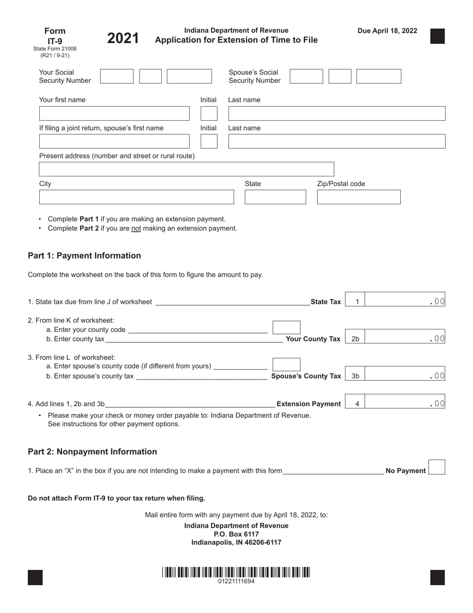 Form IT-9 (State Form 21006) Application for Extension of Time to File - Indiana, Page 1