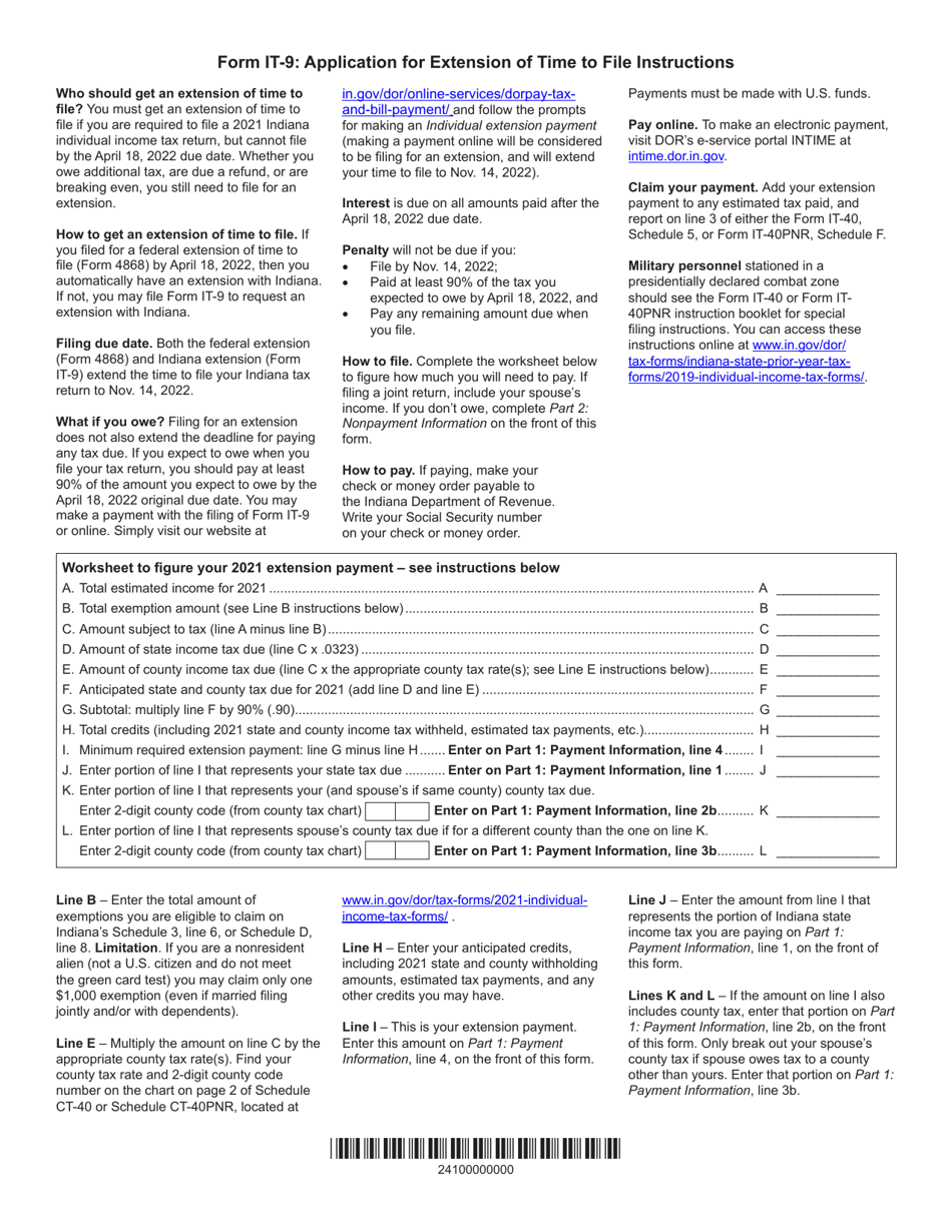 Form IT-9 (State Form 21006) Application for Extension of Time to File - Indiana, Page 2