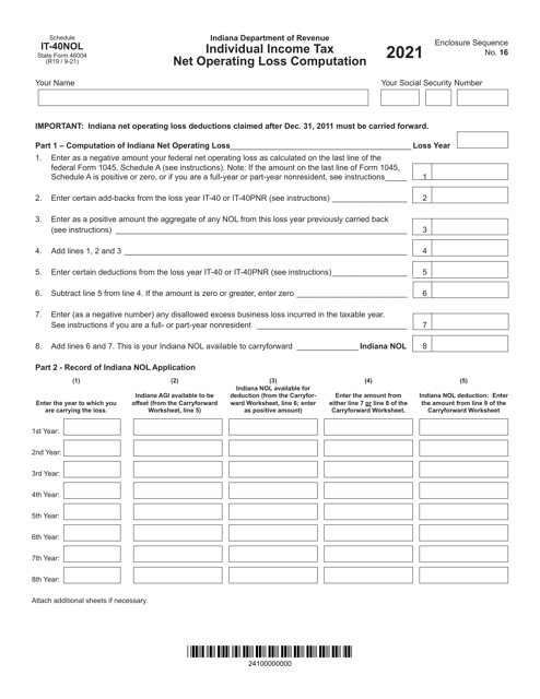 State Form 46004 Schedule IT-40NOL 2021 Printable Pdf