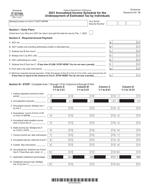 State Form 48437 Schedule IT-2210A 2021 Printable Pdf